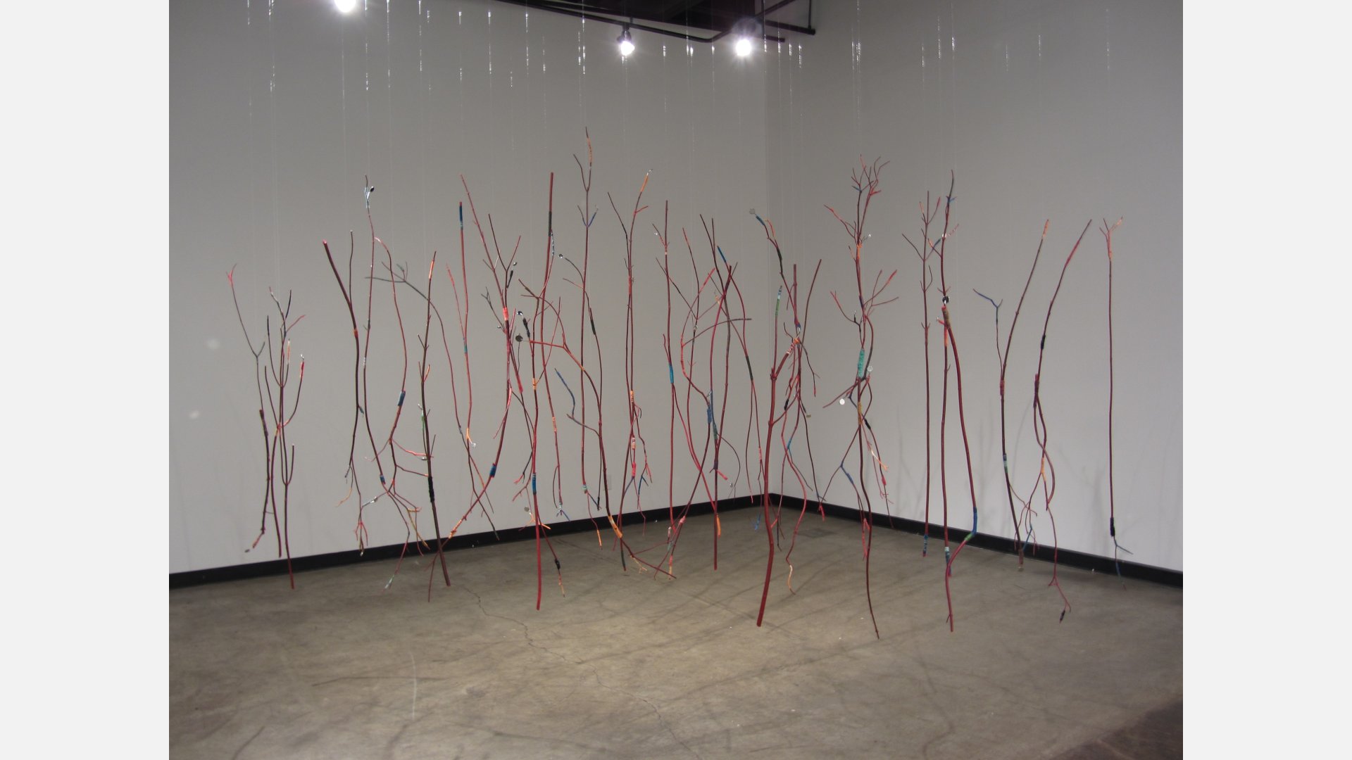 An installation of tall wires sticking out of the floor in an art gallery.