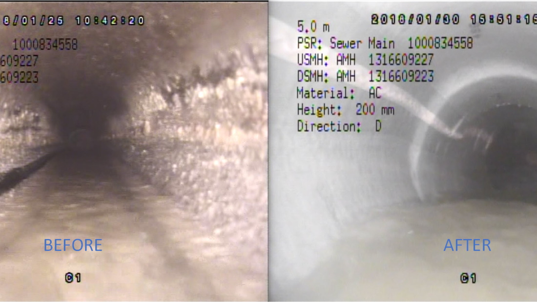 Before and After photos of inside of pipes
