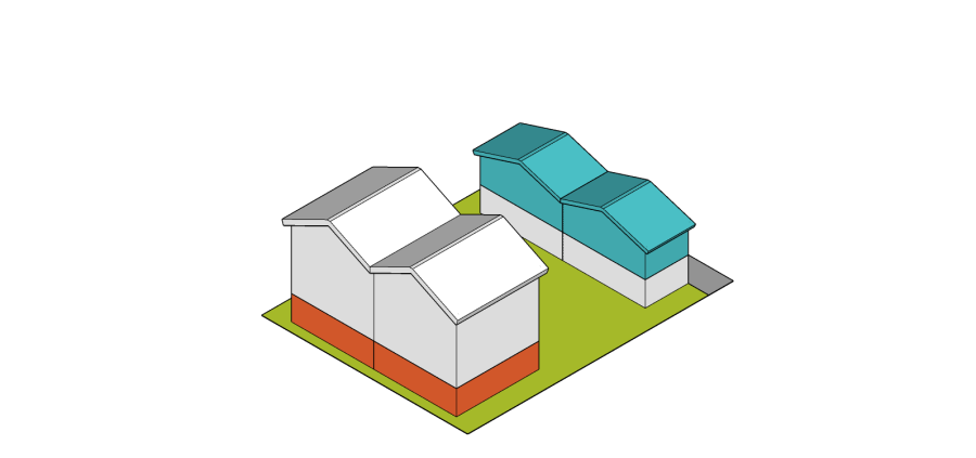 Diagram of a duplex dwelling house with 2 coach houses on a lot 