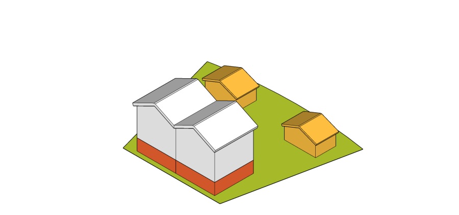 Diagram of a duplex dwelling house with 2 garden suites on a lot 