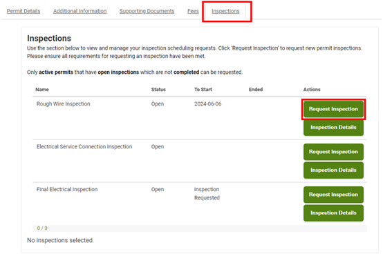 Screenshot of electrical inspections online request tool user interface and request an inspection button