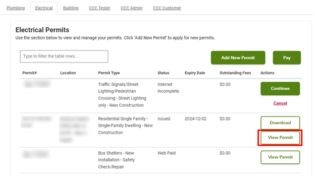 Screenshot of electrical inspections online request tool user interface and view your permit button