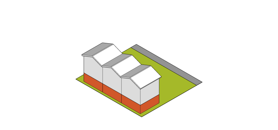 Diagram of a houseplex featuring a triplex dwelling with 3 secondary suites on a lot 
