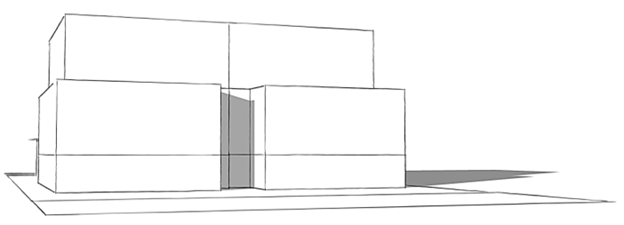 Image of massing is broken down into smaller, articulated volumes and entrances project from the main facade to create visual interest