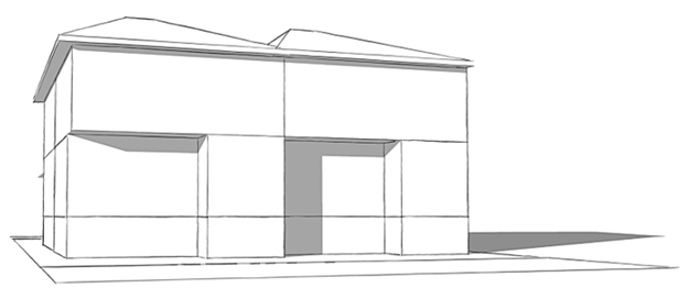 Illustration of massing broken down into smaller, articulated volumes and entrances project from the main facade to create visual interest. Architectural focal points are minimized. The roofline is differentiated to distinguish between units, avoiding an uninterrupted roofline as viewed from the street.