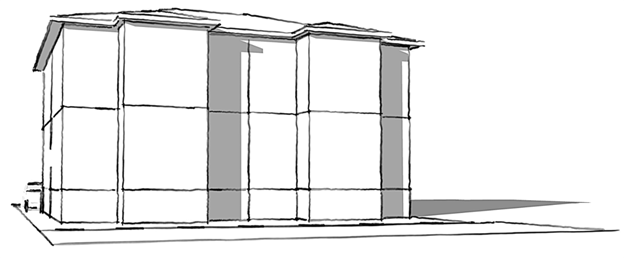 Illustration of massing broken down into smaller, articulated volumes and entrances project from the main facade to create visual interest. Architectural focal points are minimized.