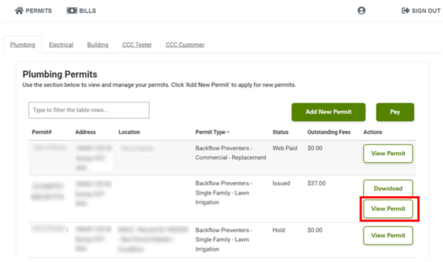 Preview of plumbing inspection request portal view permit button