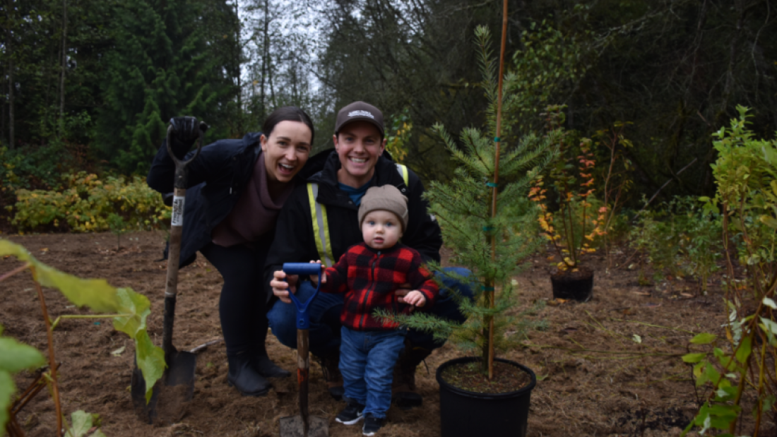 A mother and father standing behind their baby next to a tree.
