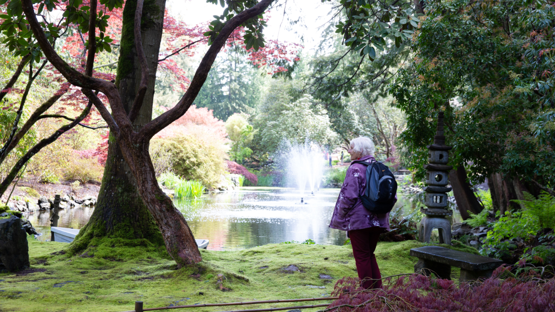 senior looking over a pond