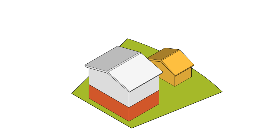 Diagram of a single family house with 1 secondary suite and 1 garden suite on a lot 