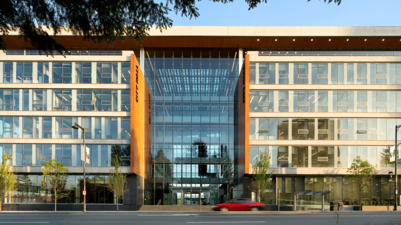 The front entrance of Surrey City Hall, as seen from 104 Ave.