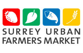 Surrey Urban Farmers Market logo featuring colorful icons of a strawberry, leaf, fish, and wheat.