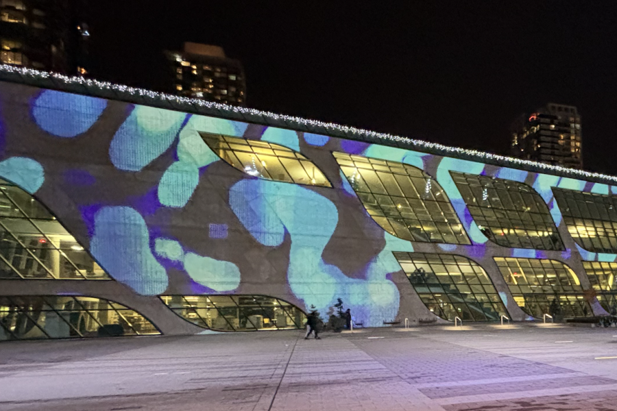 A view of the UrbanScreen art display at Surrey Civic Plaza