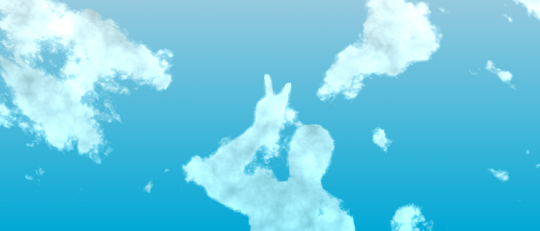 Fluffy white clouds in a blue sky, with a cloud formation resembling a person giving the peace sign.